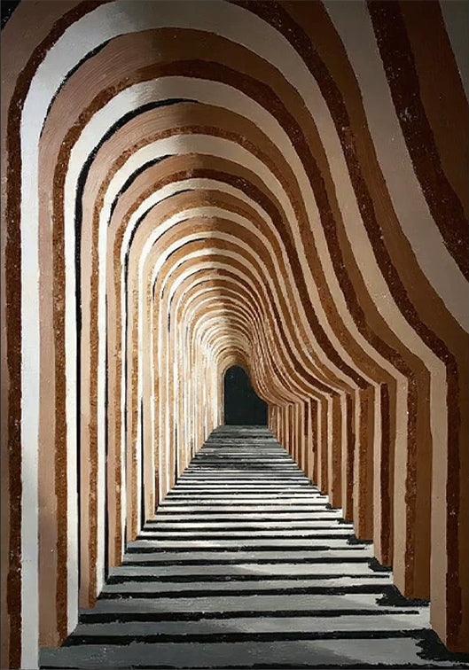 Endless curving arches in striped rust, cream and white leading to a dark doorway