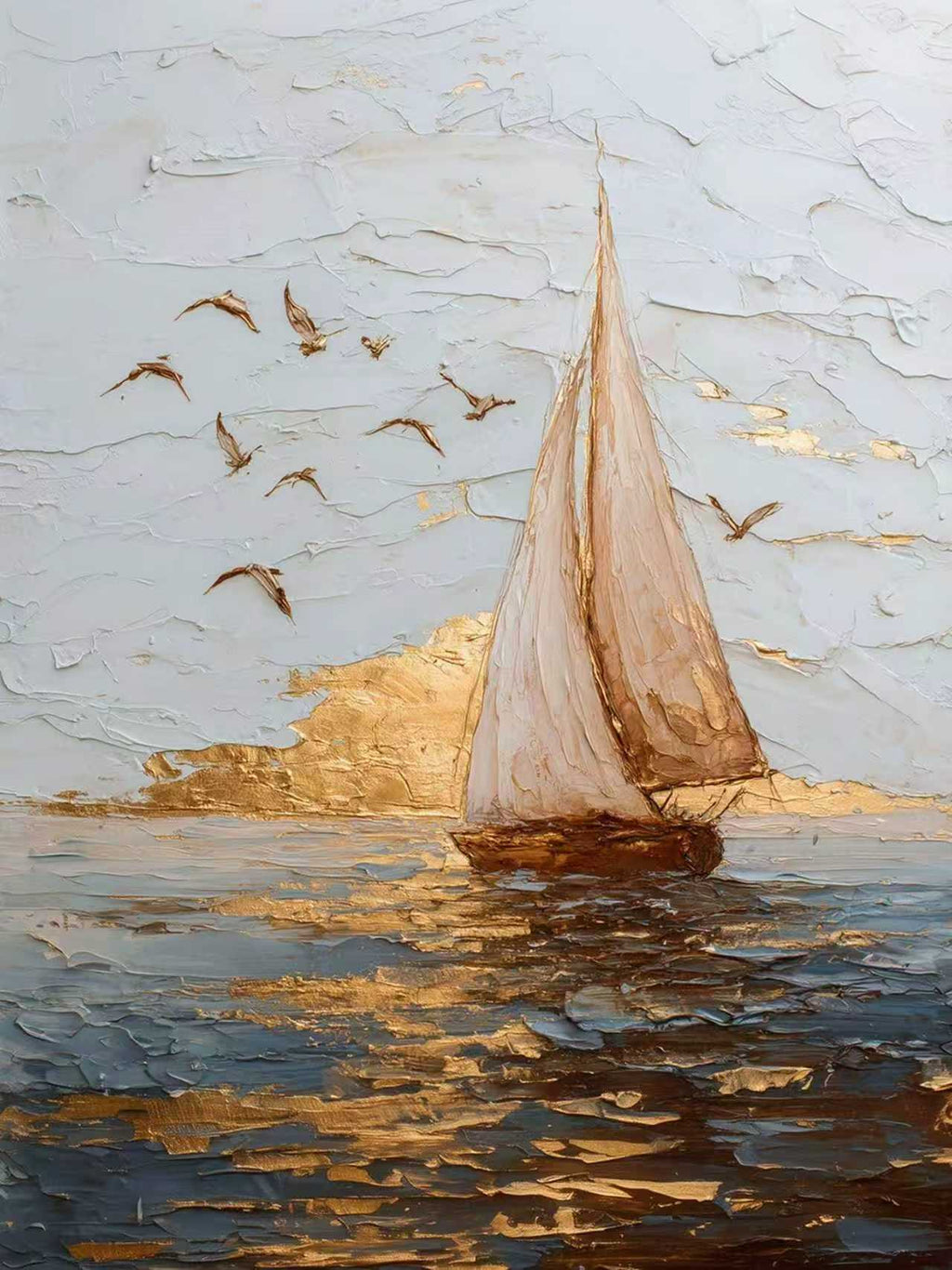 A sailboat gliding over golden-lit water with gulls wheeling above, in thick palette-knife texture