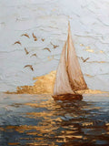 A sailboat gliding over golden-lit water with gulls wheeling above, in thick palette-knife texture