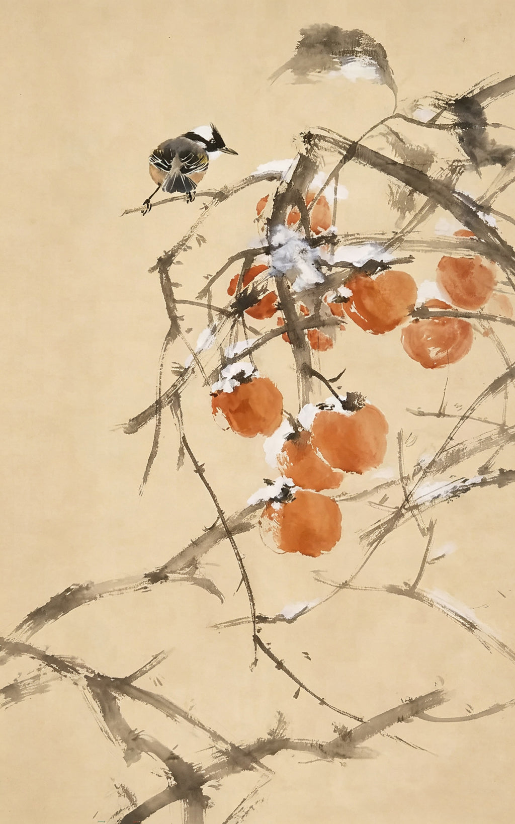 A small bird on a snowy branch of orange persimmons, in loose ink and wash on cream