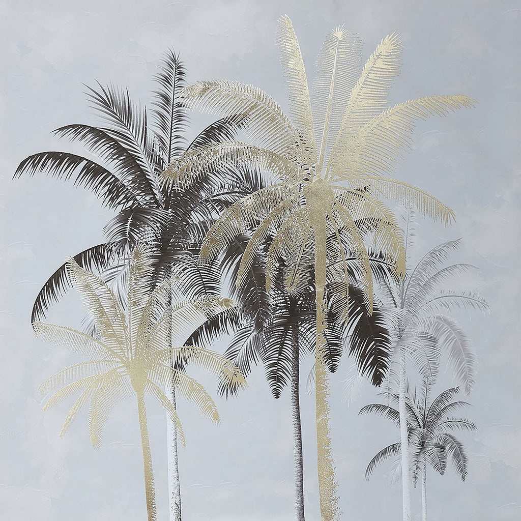 Tall palms in silver, gold and charcoal leaf over a pale grey ground