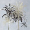 Tall palms in silver, gold and charcoal leaf over a pale grey ground