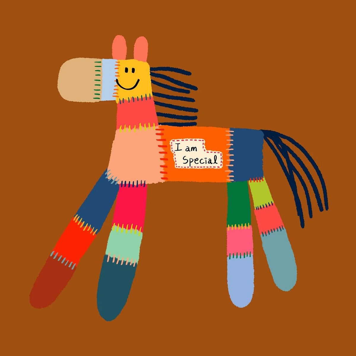 A smiling patchwork horse stitched together in bright scraps of color on a rust ground
