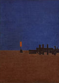 A deep blue sky over a brown shoreline, with an old pier and a single orange marker light