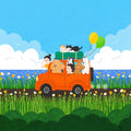 A family in an orange van loaded with dogs and a cat, balloons trailing, driving past the sea