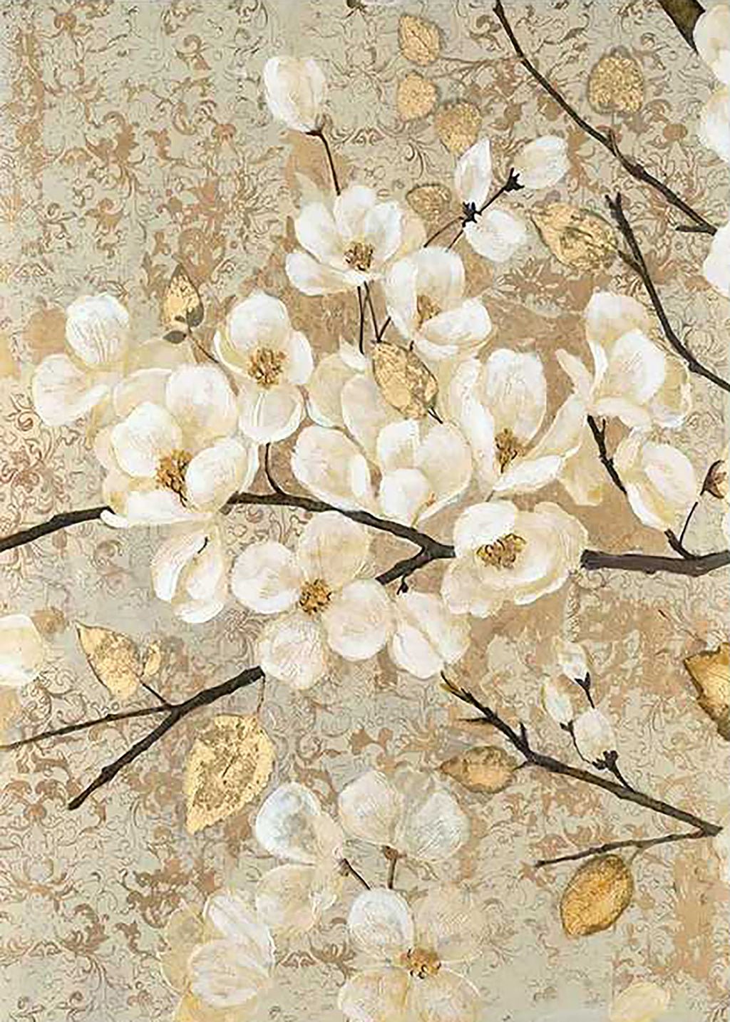 Creamy white magnolias and gold leaves on dark branches over a gilded damask ground