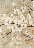 Creamy white magnolias and gold leaves on dark branches over a gilded damask ground
