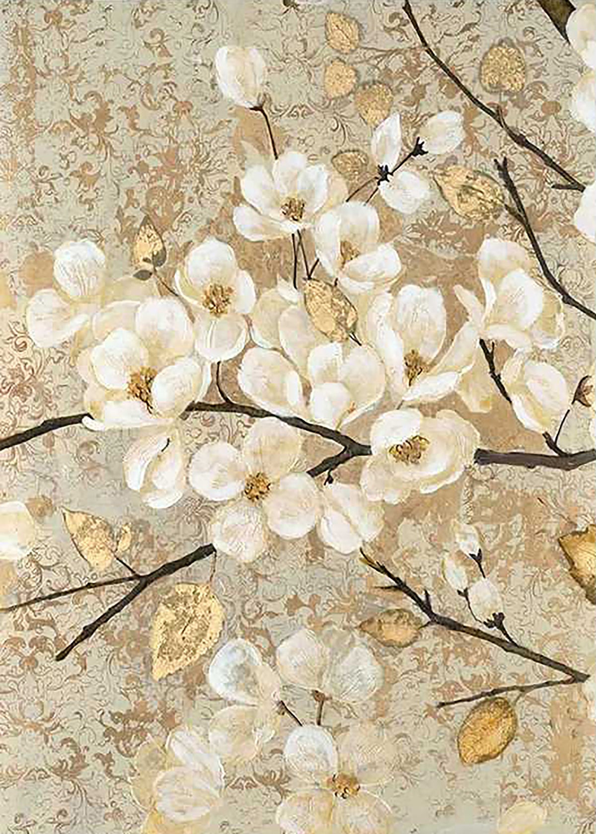 Creamy white magnolias and gold leaves on dark branches over a gilded damask ground