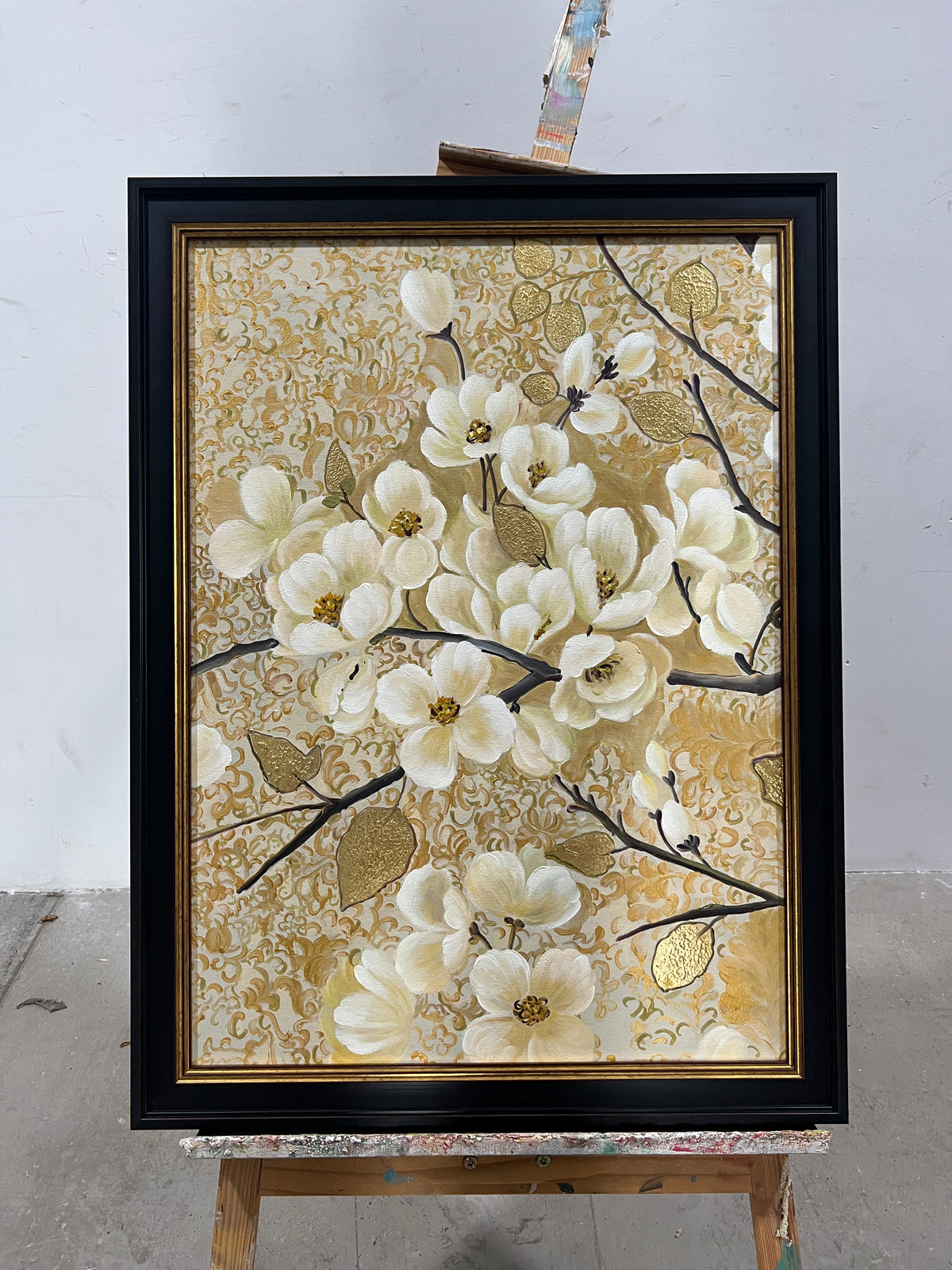 Magnolias on Gilded Damask