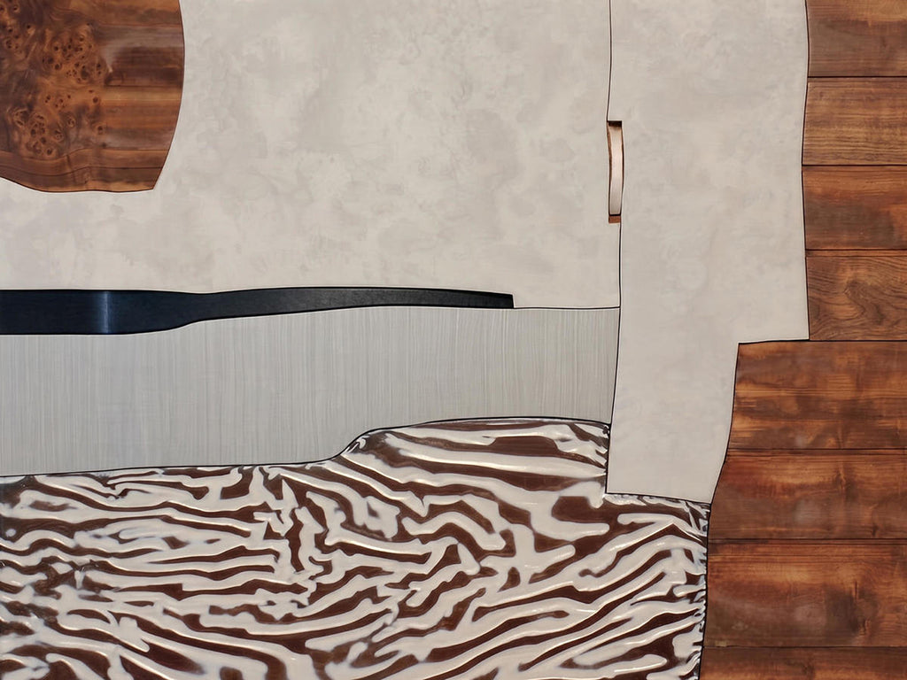 A flat abstract interior of cream walls, a black shelf, wood panels and a zebra-striped rug