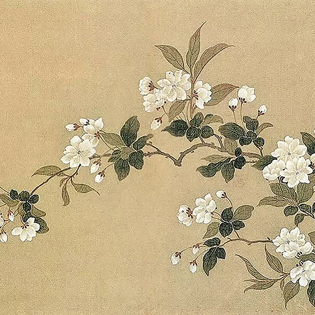 A long spray of white crabapple blossoms and dark green leaves on an aged silk-toned ground
