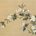 A long spray of white crabapple blossoms and dark green leaves on an aged silk-toned ground