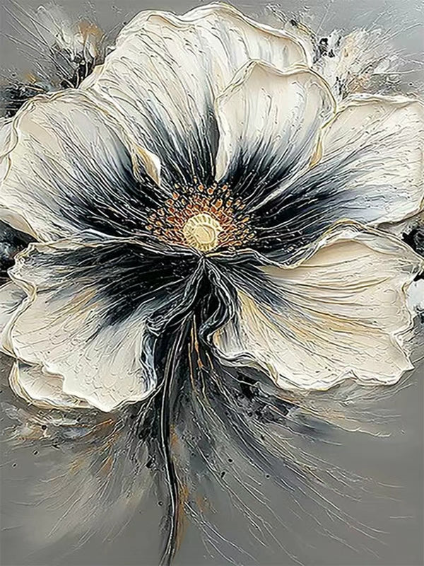A huge ivory flower with an ink-black center and gold heart, in thick sculpted paint on grey