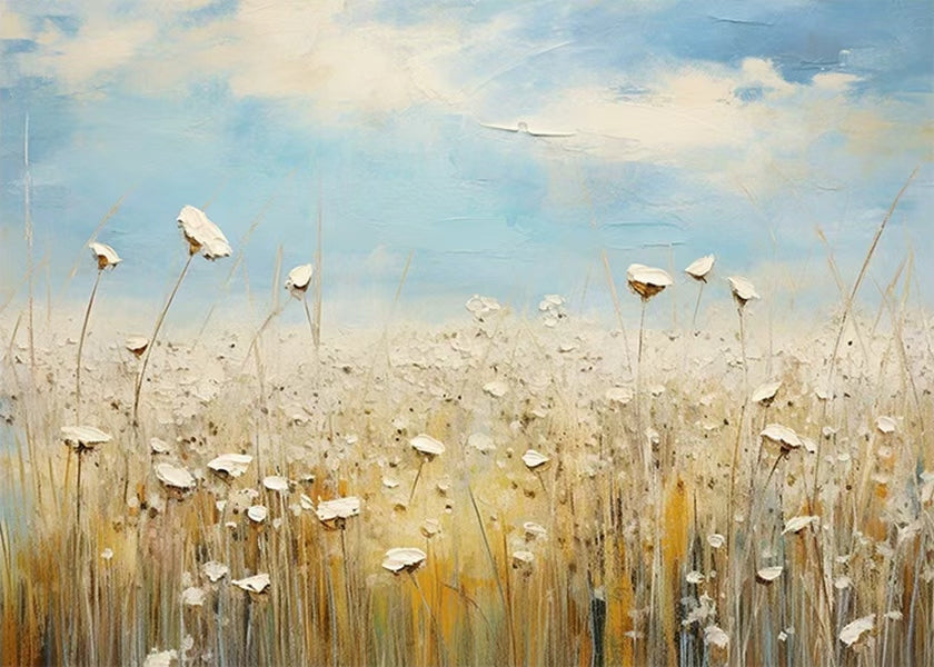 White flower heads on slender stems swaying in a golden field under a cloudy blue sky