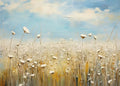 White flower heads on slender stems swaying in a golden field under a cloudy blue sky