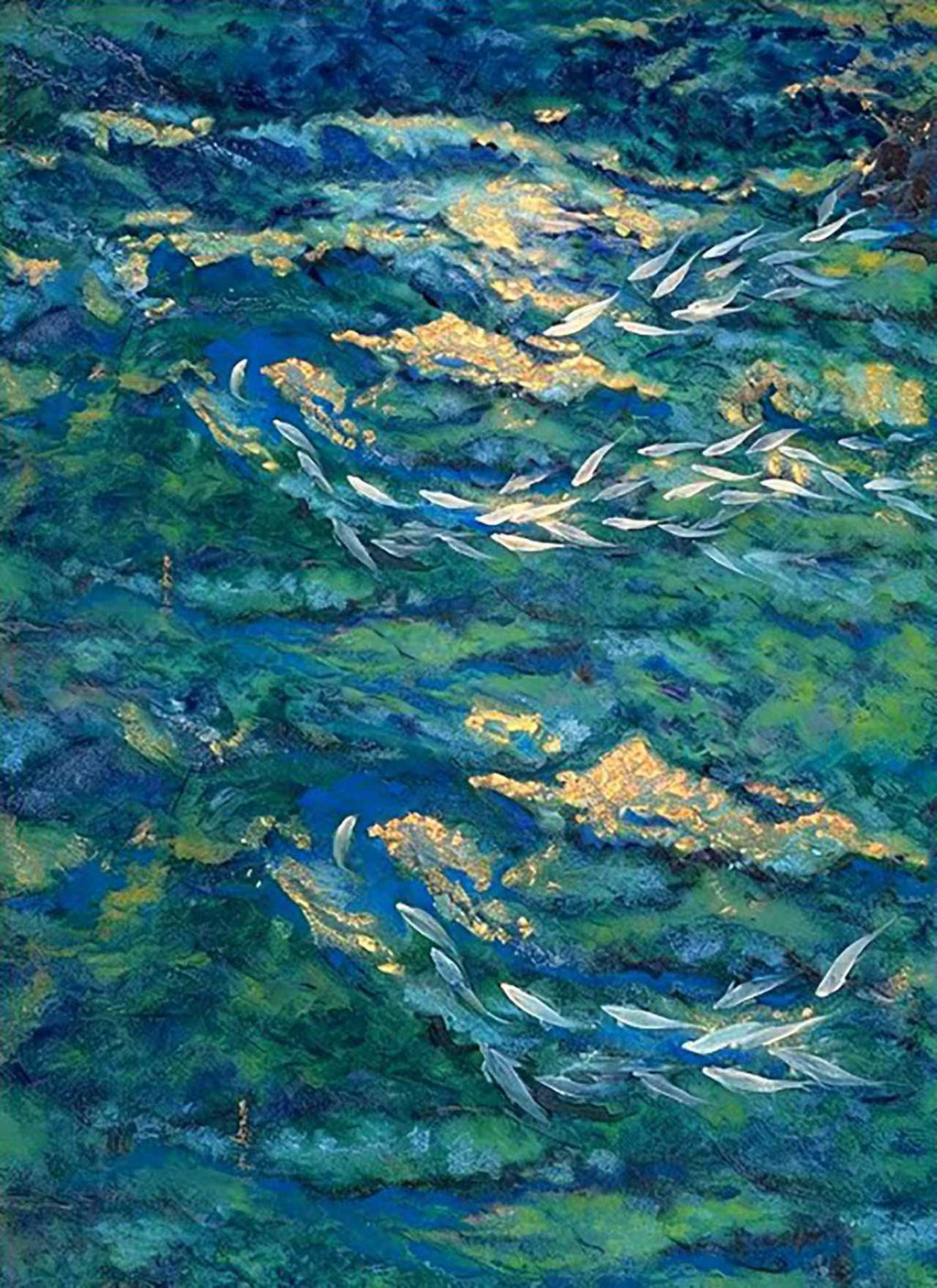 Silvery fish streaming through shimmering green and blue water flecked with gold