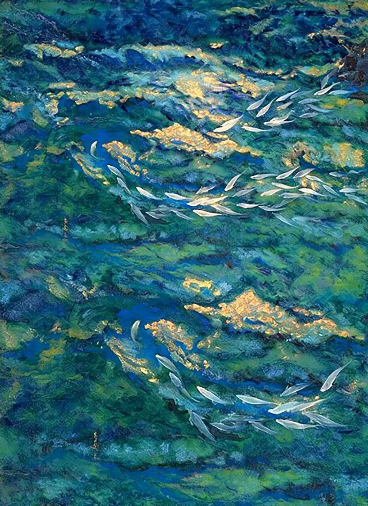 Silvery fish streaming through shimmering green and blue water flecked with gold