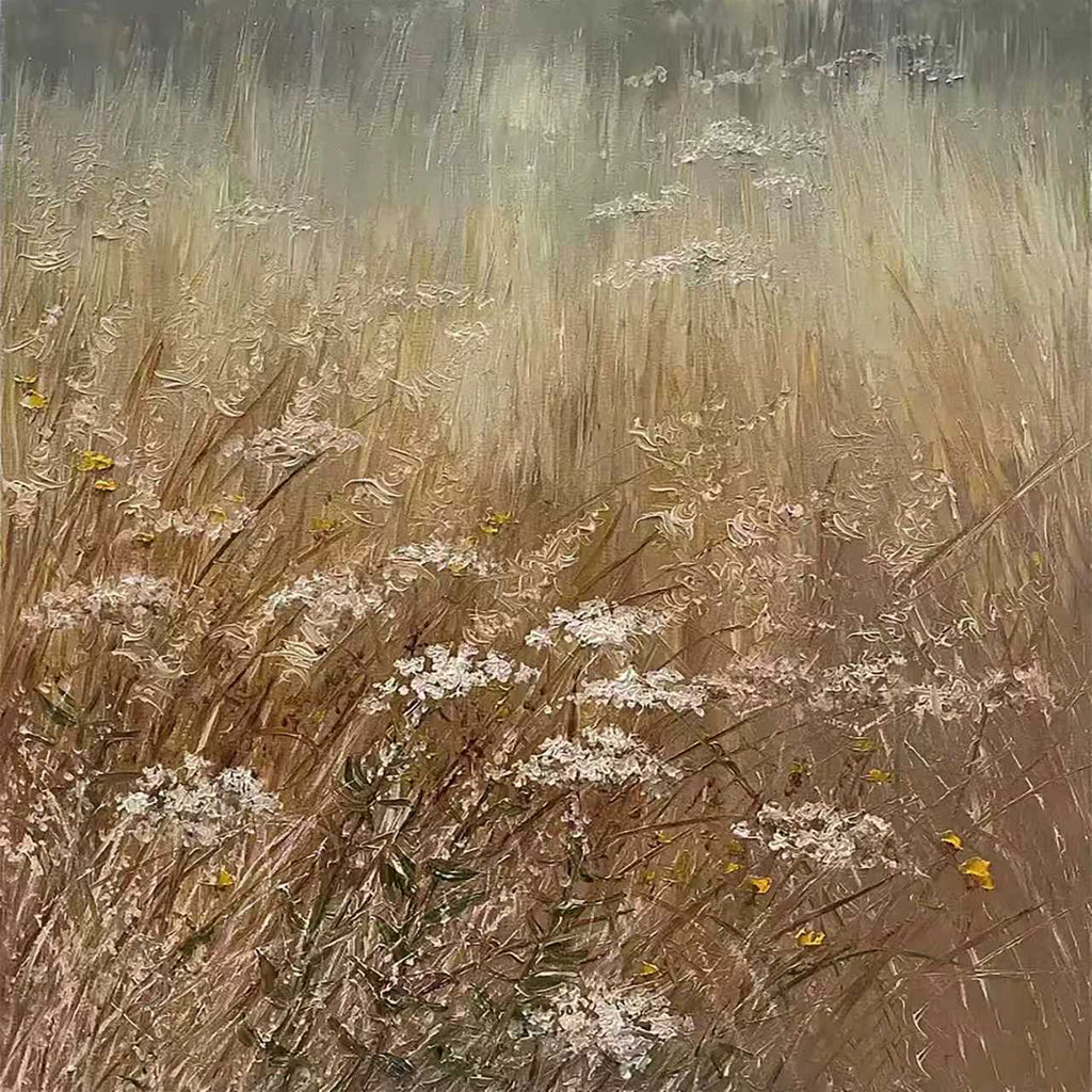 Dry golden grasses and white Queen Anne's lace in a soft, rain-misted meadow