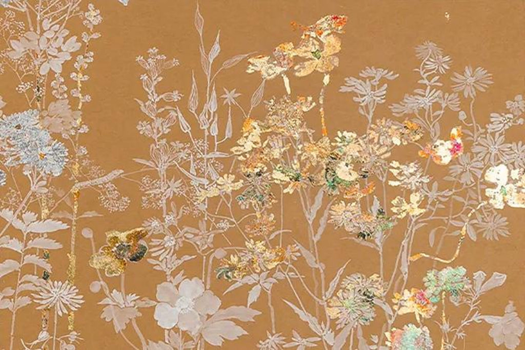 Delicate silver and gold wildflowers and grasses on a warm ochre ground