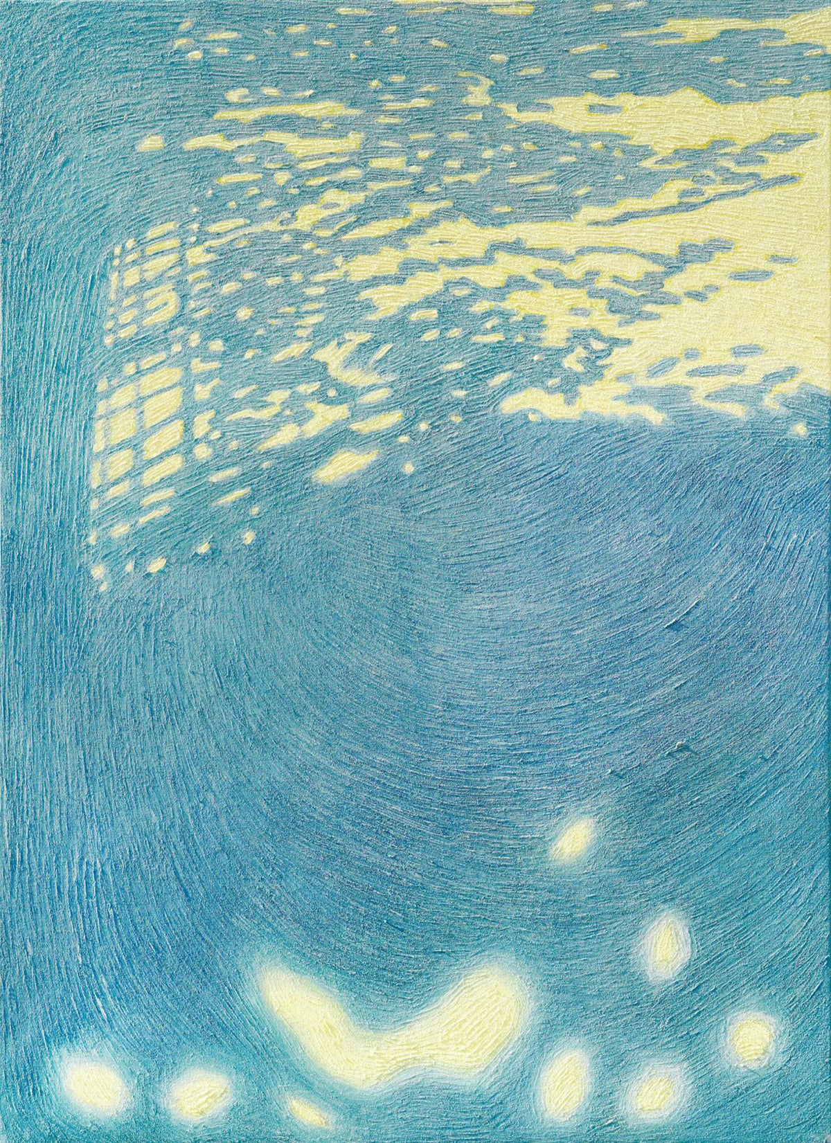 Sunlight rippling in patterns of pale yellow across a blue wall