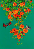 Orange trumpet vine blooms cascading down a teal ground with red and white butterflies
