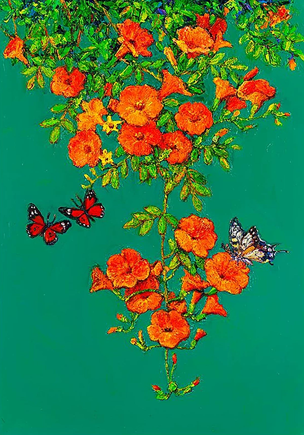 Orange trumpet vine blooms cascading down a teal ground with red and white butterflies