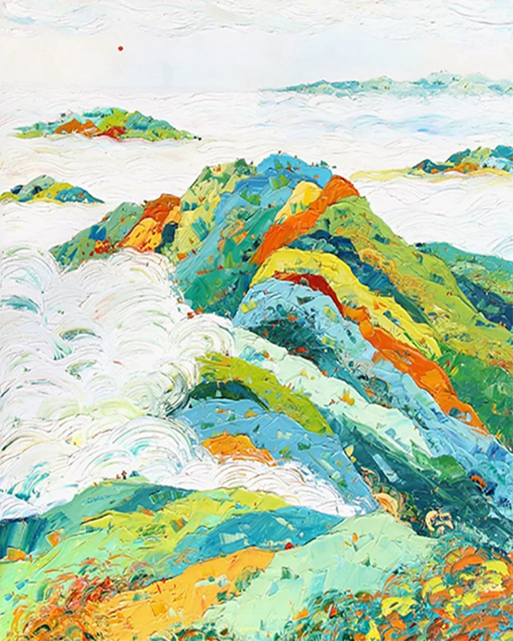 Patchwork green, gold and teal mountains rising through swirling white clouds