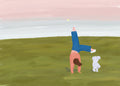 A girl doing a cartwheel on a green hill at dusk while her little white dog watches