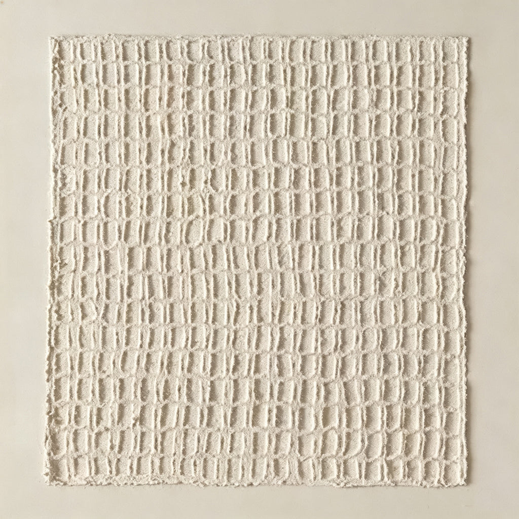 A hand-sculpted lattice of raised ivory squares on a cream ground