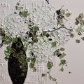 A cloud of white and sage hydrangea petals in a dark vase, built up in thick palette-knife paint