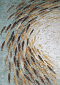 A swirling school of dark and gilded fish over a pale silvery ground