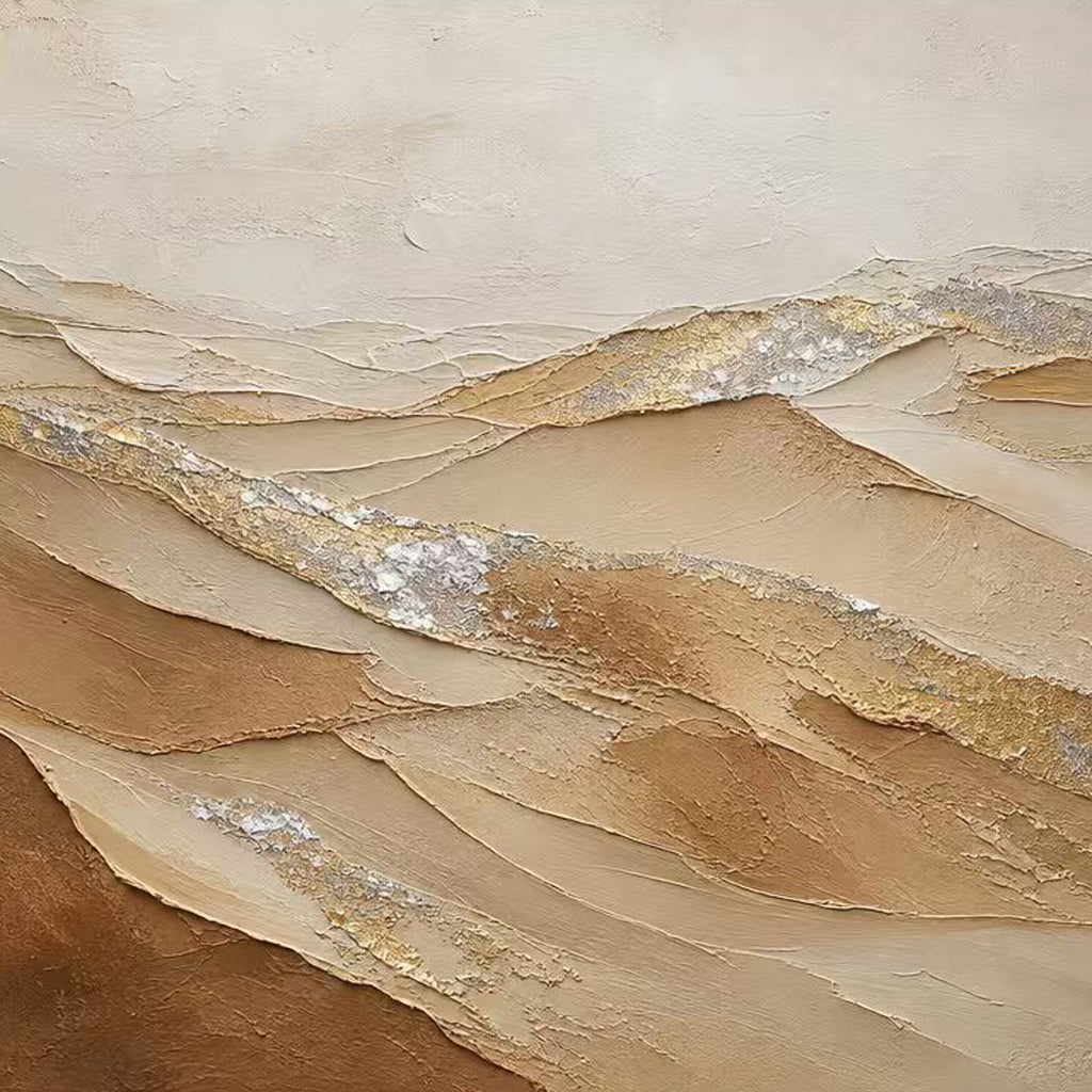 Sculpted layers of sand, caramel and umber like desert dunes, edged with silver and gold