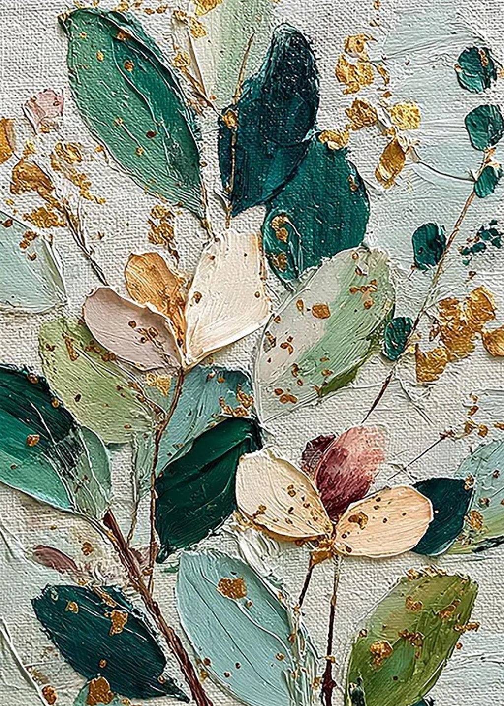 Teal, sage and cream leaves on slender stems flecked with gold, in thick knife strokes
