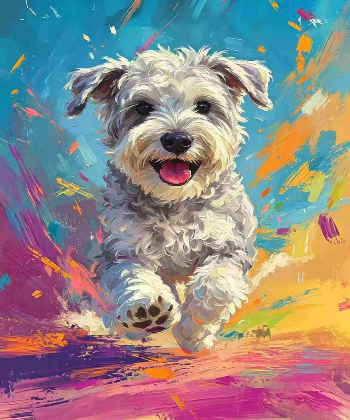 A shaggy grey terrier bounding forward through bright splashes of pink, orange and blue