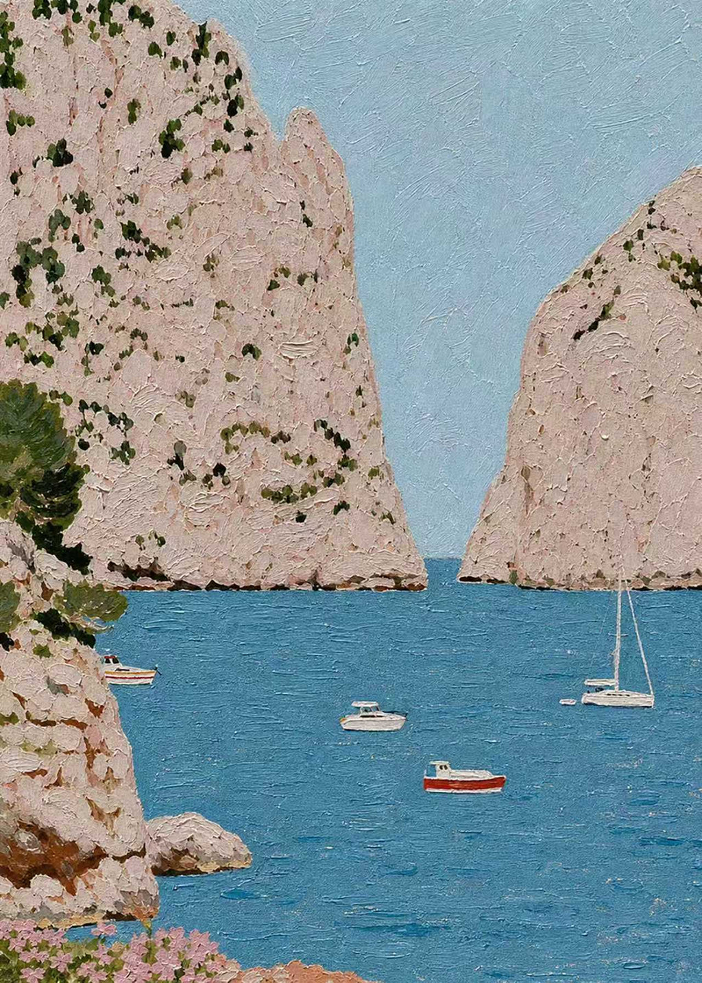 Small white boats anchored in a blue cove between tall pale limestone cliffs