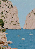 Small white boats anchored in a blue cove between tall pale limestone cliffs