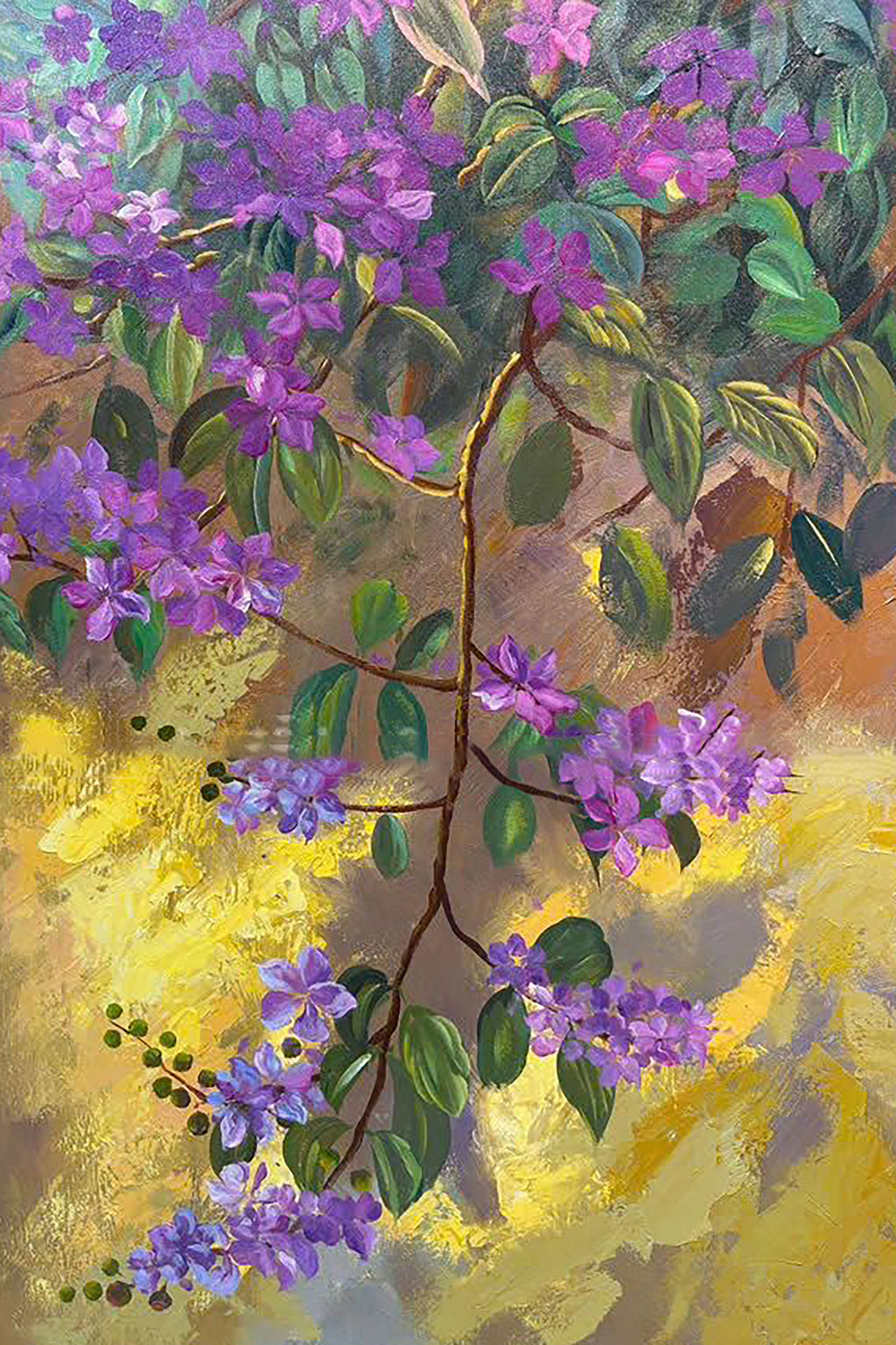 Cascading sprays of violet blossoms and green leaves over golden-yellow brushwork