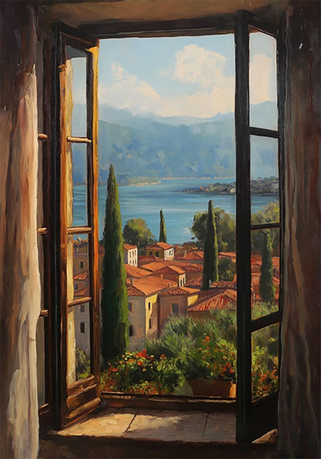An open window onto terracotta rooftops, cypress trees and a blue lake between mountains