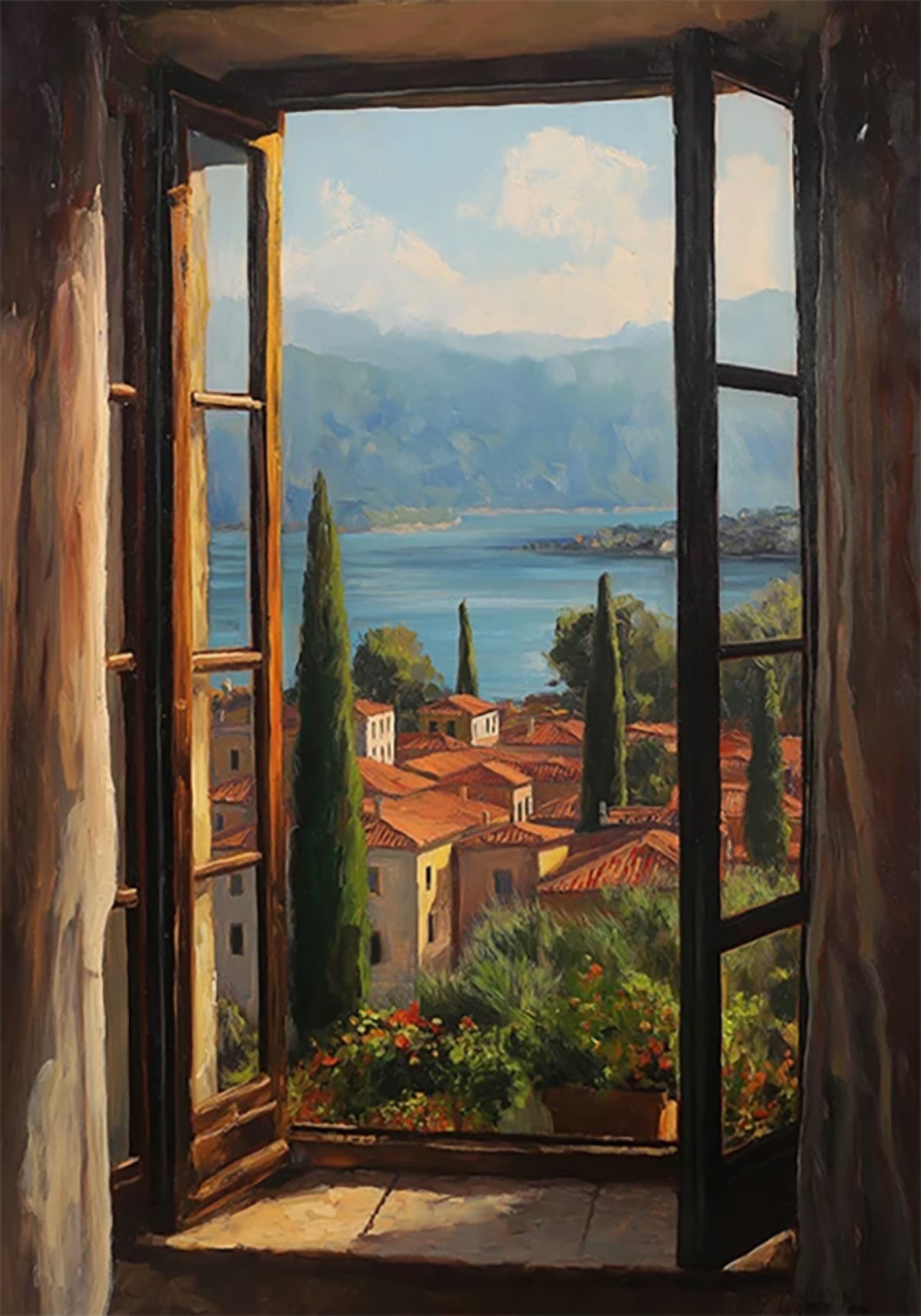 An open window onto terracotta rooftops, cypress trees and a blue lake between mountains