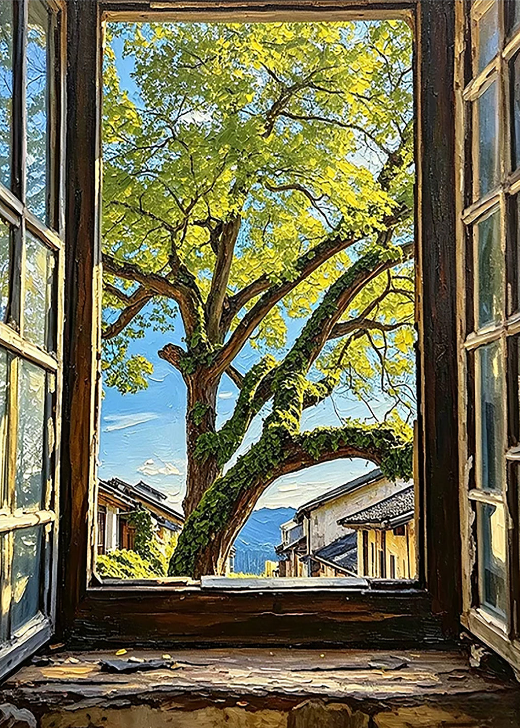 An open wooden window framing a great sunlit tree and village rooftops under a blue sky