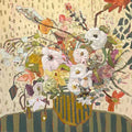 A loose wild bouquet of white, coral and lilac flowers in a striped vase against a dotted cream wall