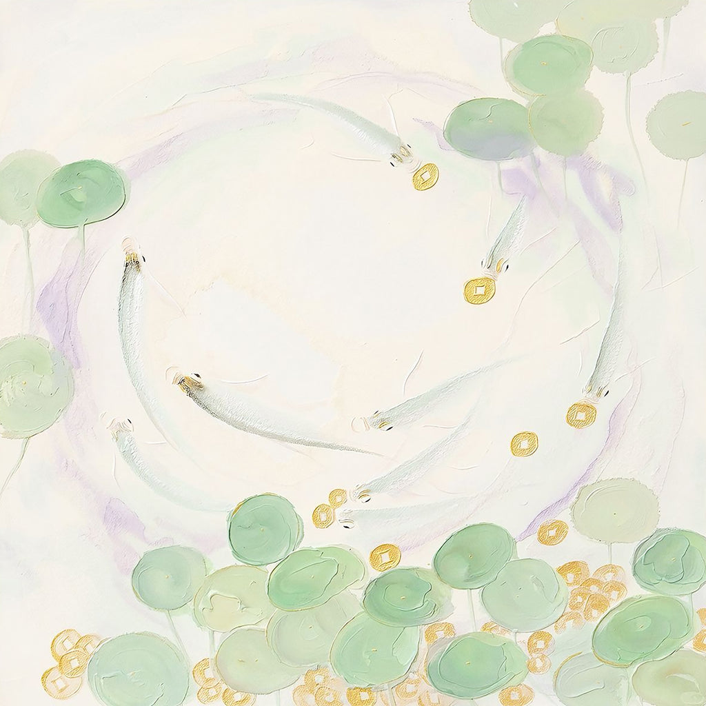 Pale silver fish circling among mint lily pads and small gold coins on cream