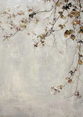 Thin branches with pale blossoms and russet leaves trailing over a weathered grey plaster wall