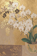 Arching white phalaenopsis orchids in a painted pot against a burnished gold wall