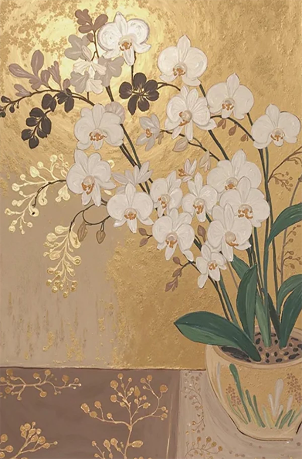 Arching white phalaenopsis orchids in a painted pot against a burnished gold wall