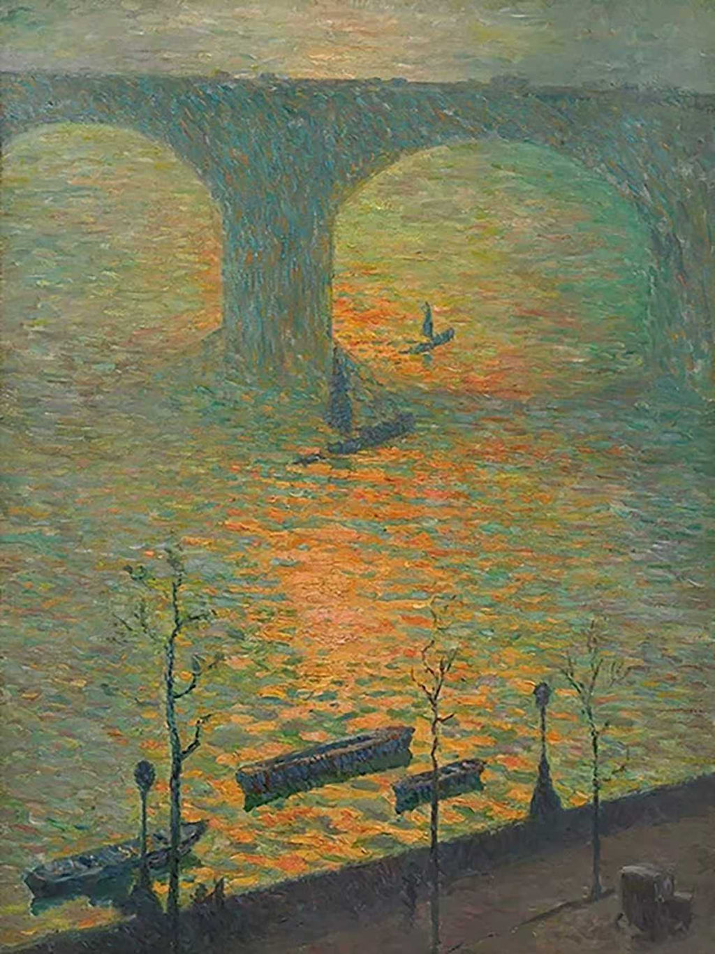 A sunset glowing orange on the river beneath the arches of a great bridge, boats and lamp posts below