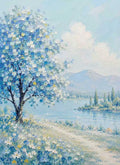 A tree of pale blue and white blossoms beside a path and a calm lake with cypresses and hills