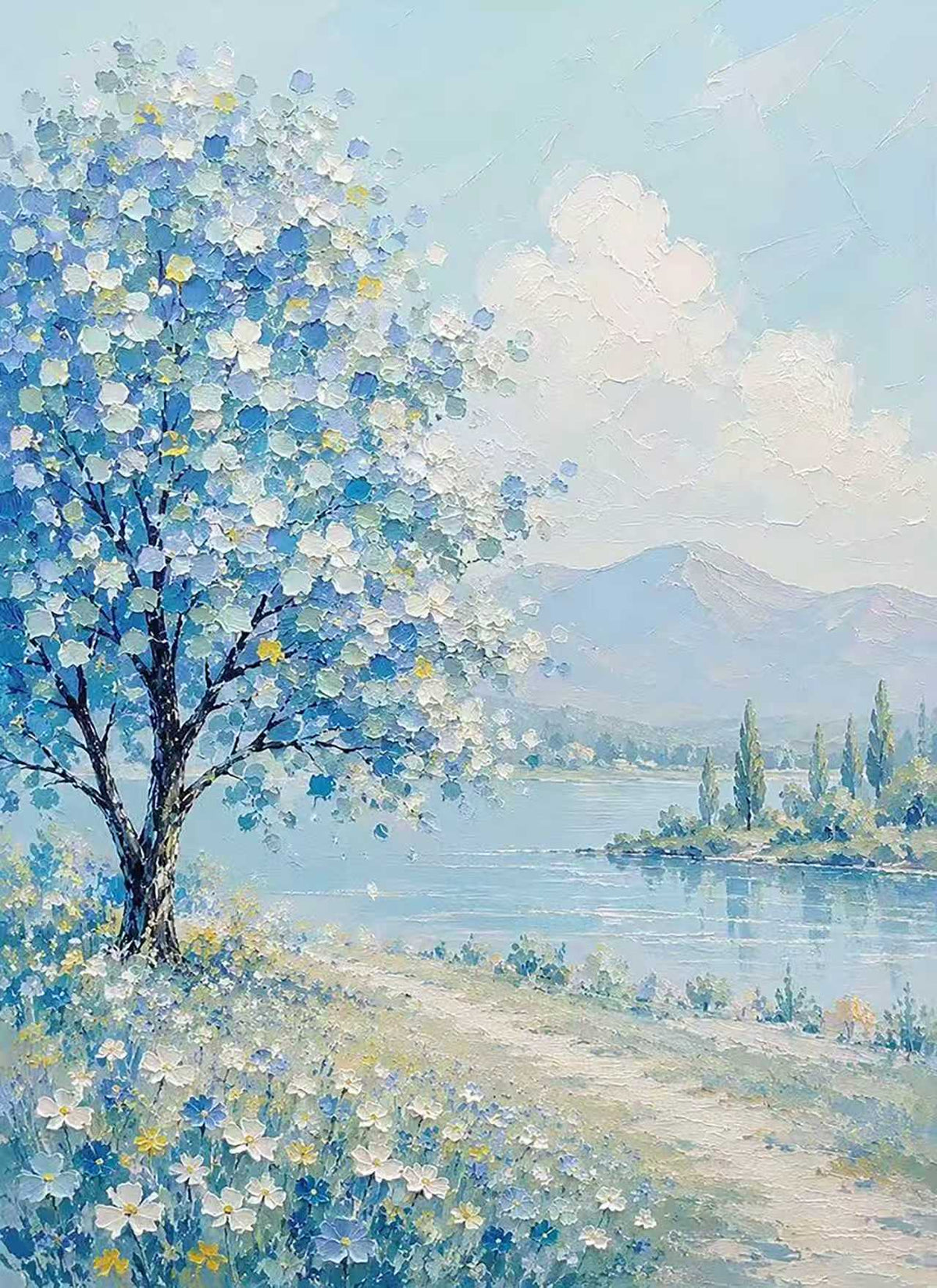 A tree of pale blue and white blossoms beside a path and a calm lake with cypresses and hills