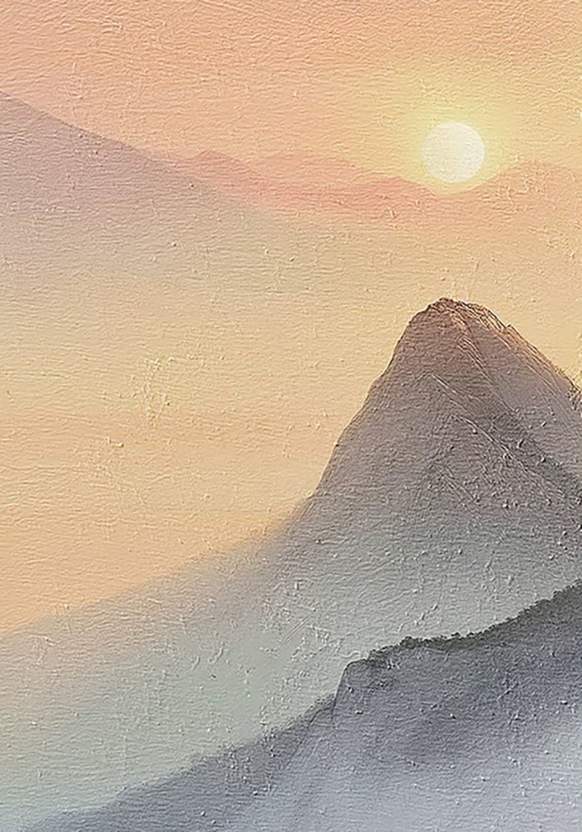 A lone peak rising from pale mist under a soft peach sky and a pale sun