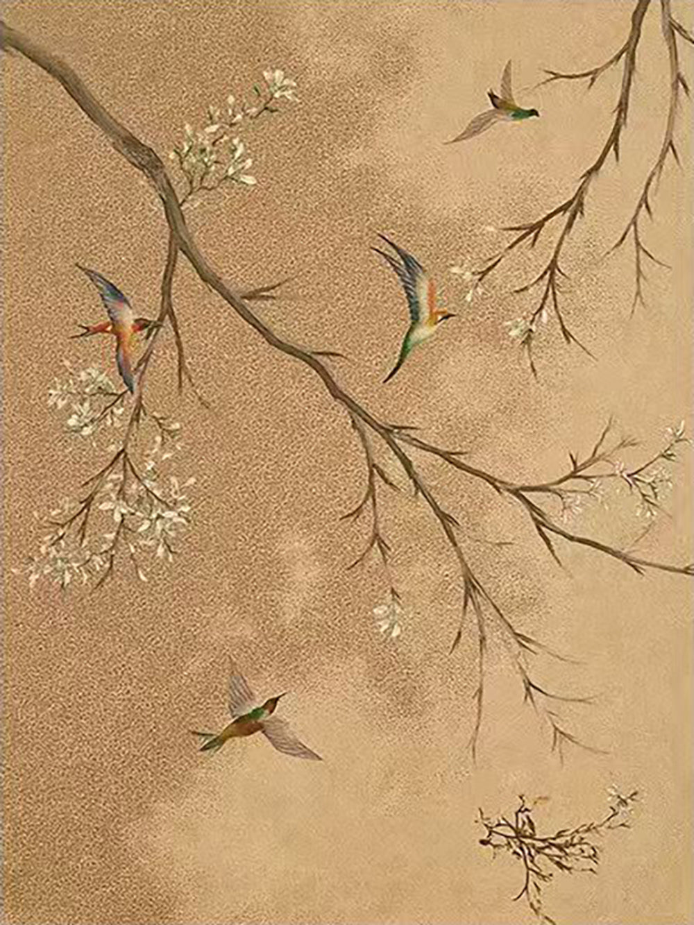 Little birds flitting around a bare blossoming branch on a speckled antique-gold ground